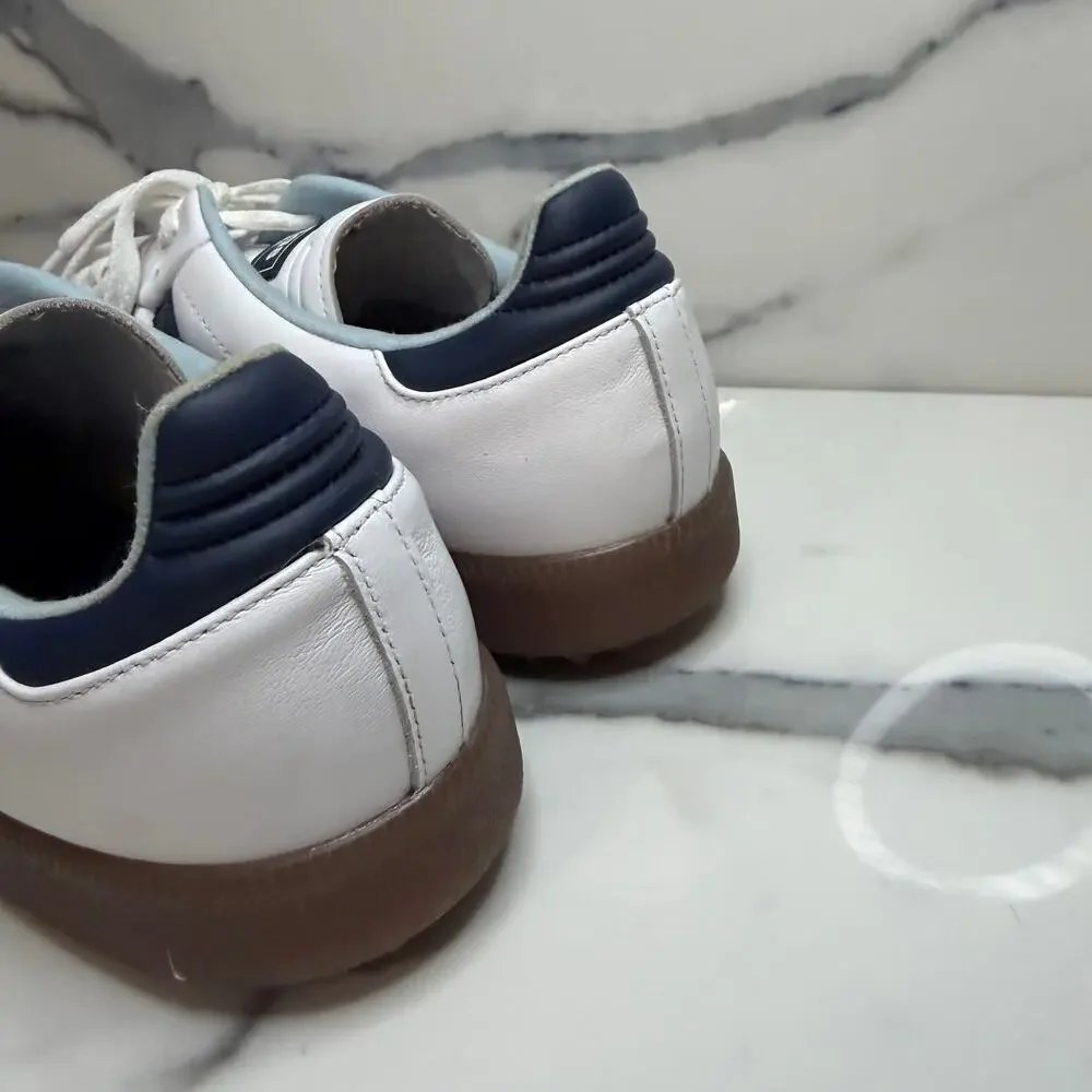 Adidas Men's White Leather Blue Stripe Gum Sole Samba Spikeless Golf Shoes Sz 12